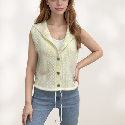 Anna-Kaci Women's Hooded Knit Button Down Vest with Drawstring Hem and Textured Cable Pattern
