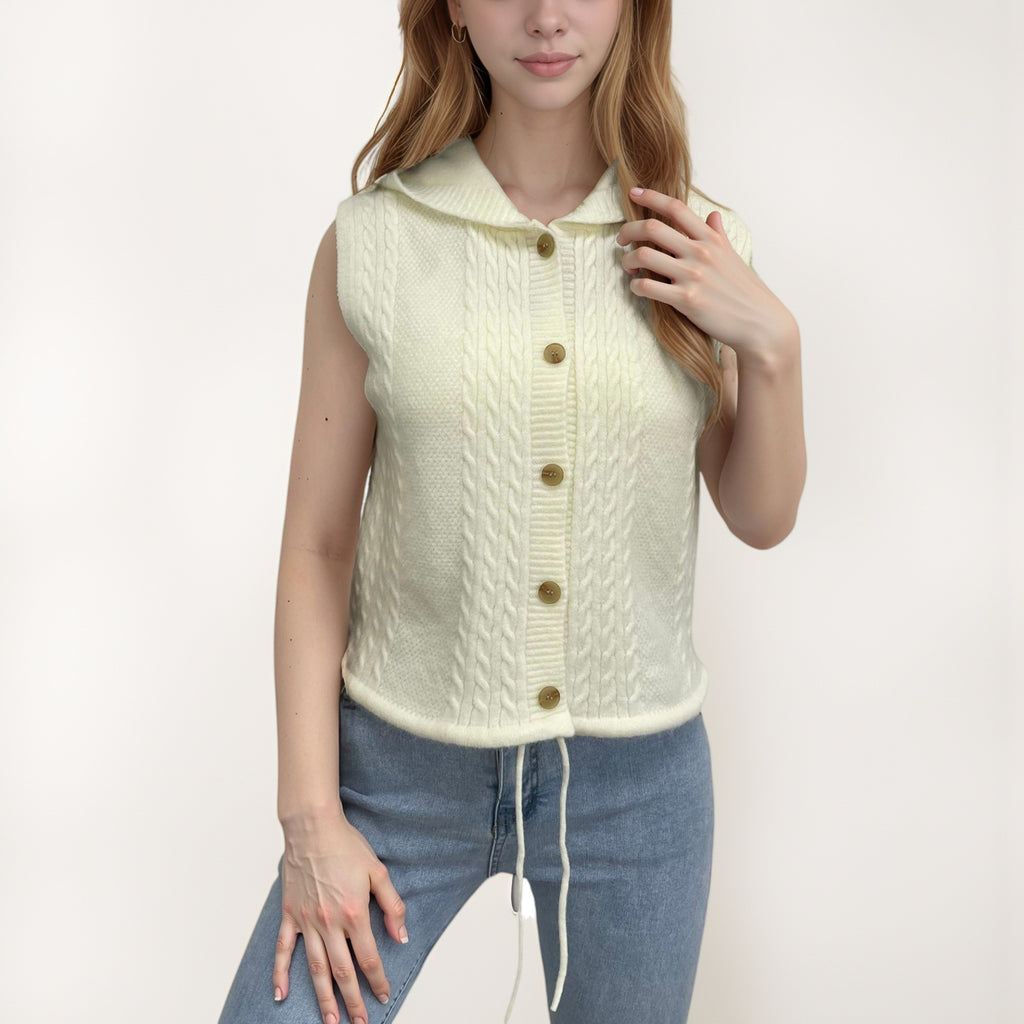 Anna-Kaci Women's Hooded Knit Button Down Vest with Drawstring Hem and Textured Cable Pattern