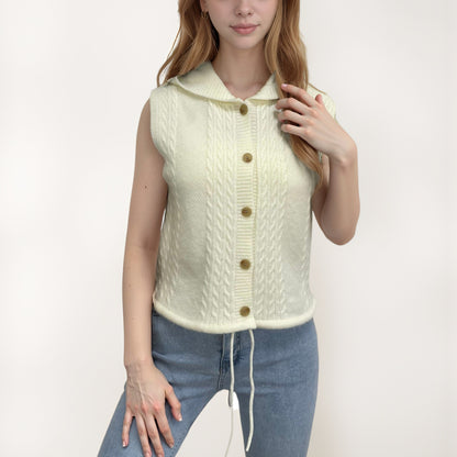 Anna-Kaci Women's Hooded Knit Button Down Vest with Drawstring Hem and Textured Cable Pattern