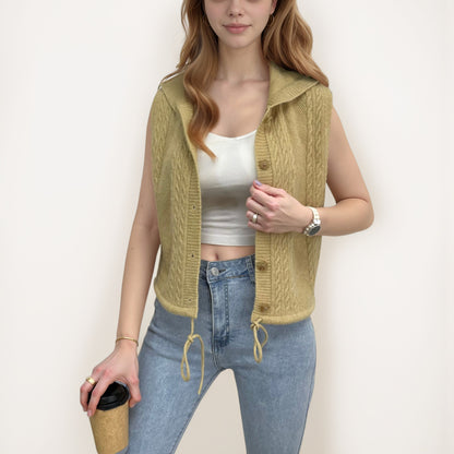 Anna-Kaci Women's Hooded Knit Button Down Vest with Drawstring Hem and Textured Cable Pattern