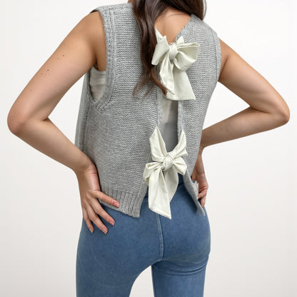 Anna-Kaci Women's Sleeveless Knit Vest with Back Bow Tie Accents and Open Back Detail