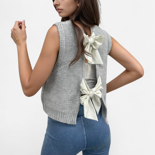 Anna-Kaci Women's Sleeveless Knit Vest with Back Bow Tie Accents and Open Back Detail