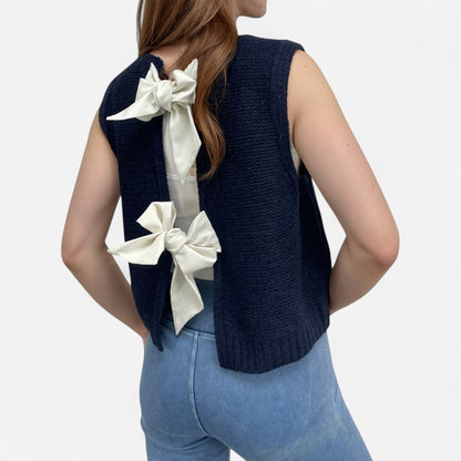 Anna-Kaci Women's Sleeveless Knit Vest with Back Bow Tie Accents and Open Back Detail