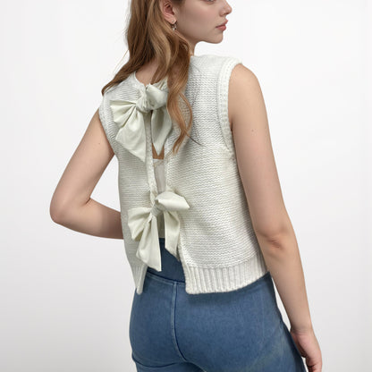 Anna-Kaci Women's Sleeveless Knit Vest with Back Bow Tie Accents and Open Back Detail