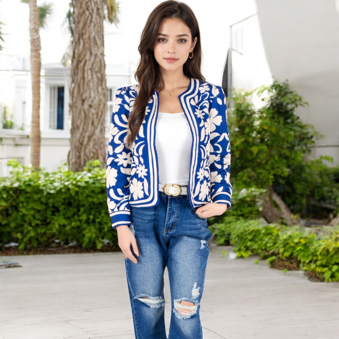 Anna-Kaci Women's Embroidered Open Front Jacket with Puff Sleeves and Floral Detailing