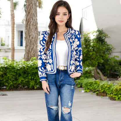 Anna-Kaci Women's Embroidered Open Front Jacket with Puff Sleeves and Floral Detailing