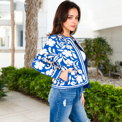 Anna-Kaci Women's Embroidered Open Front Jacket with Puff Sleeves and Floral Detailing
