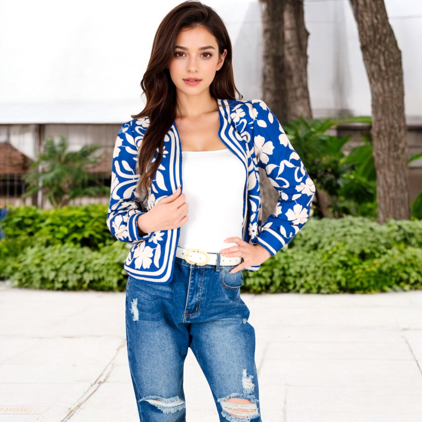 Anna-Kaci Women's Embroidered Open Front Jacket with Puff Sleeves and Floral Detailing