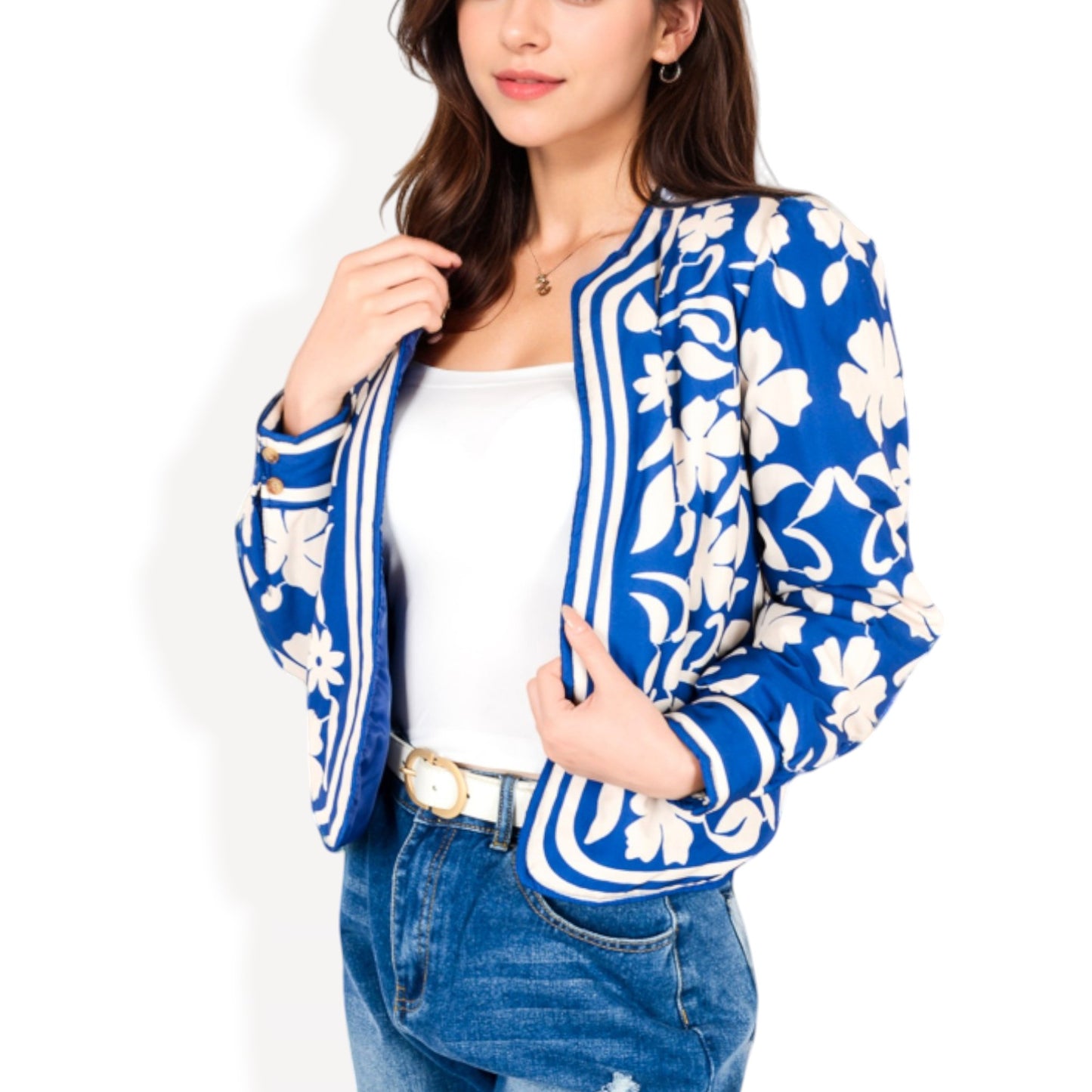 Anna-Kaci Women's Embroidered Open Front Jacket with Puff Sleeves and Floral Detailing