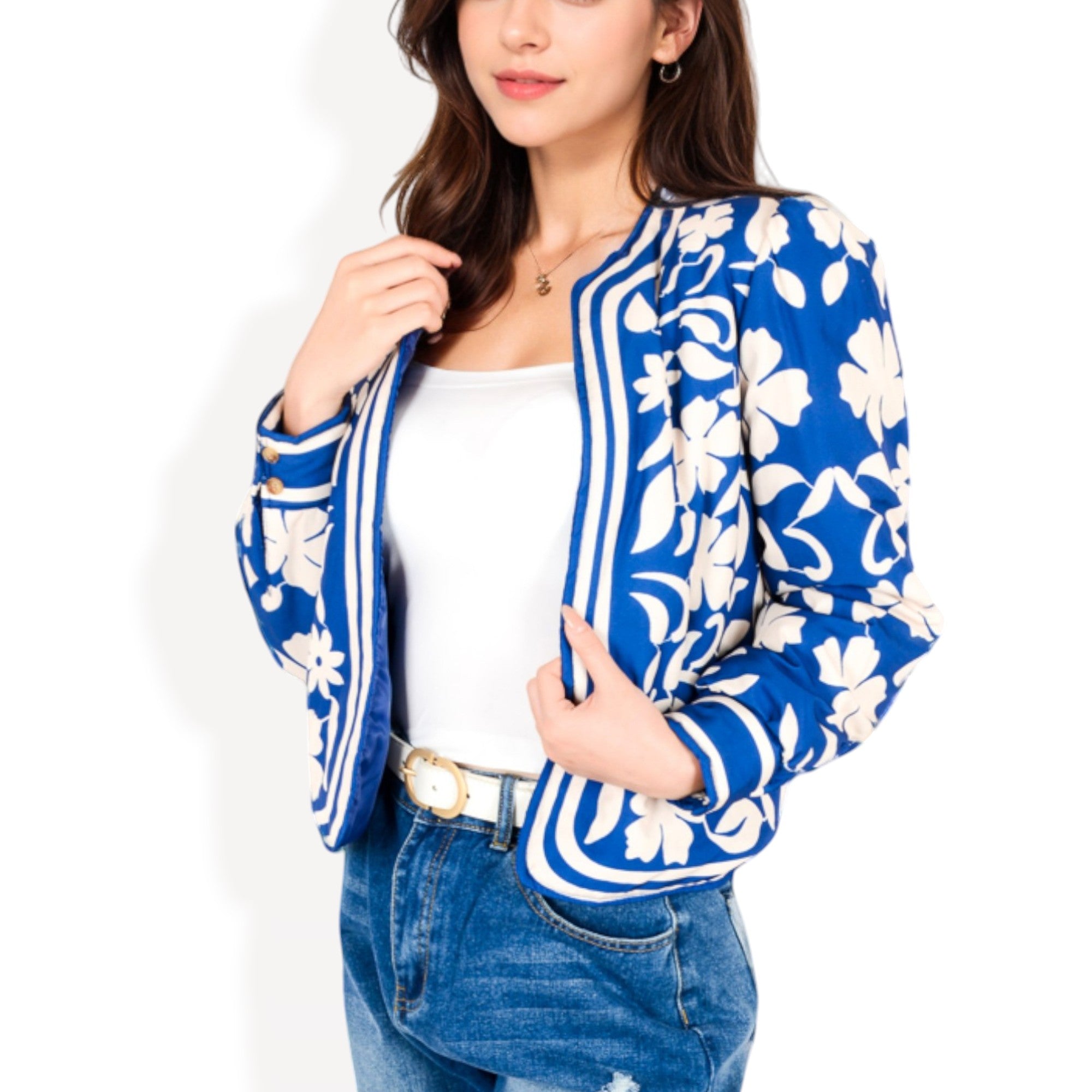 Anna-Kaci Women's Embroidered Open Front Jacket with Puff Sleeves and Floral Detailing