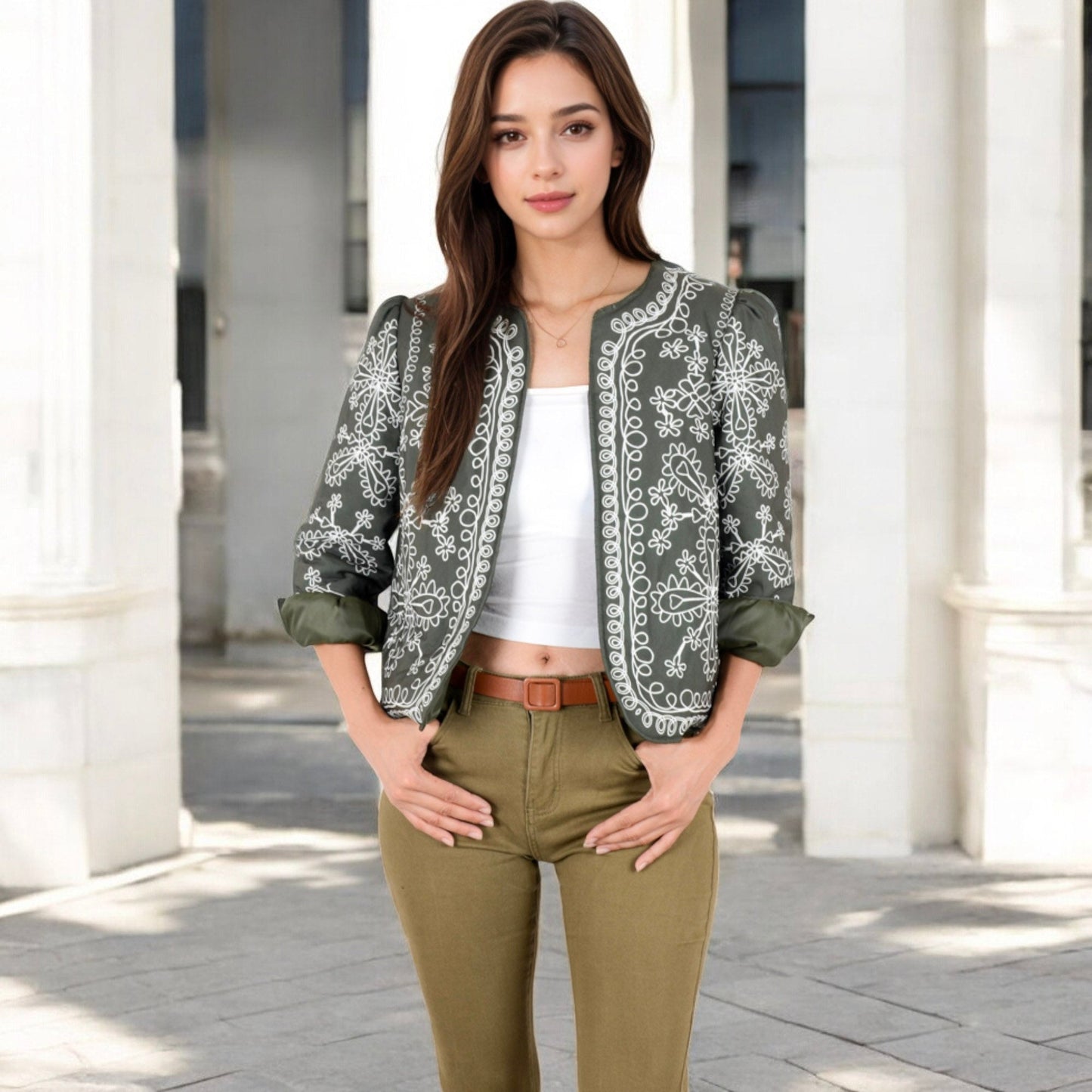 Anna-Kaci Women's Embroidered Open Front Jacket with Puff Sleeves and Floral Detailing