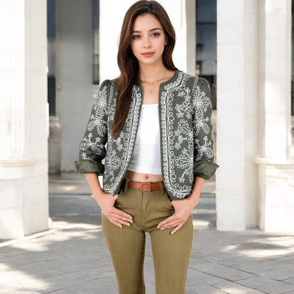 Anna-Kaci Women's Embroidered Open Front Jacket with Puff Sleeves and Floral Detailing