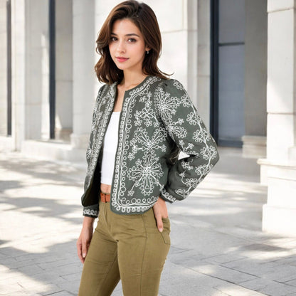 Anna-Kaci Women's Embroidered Open Front Jacket with Puff Sleeves and Floral Detailing