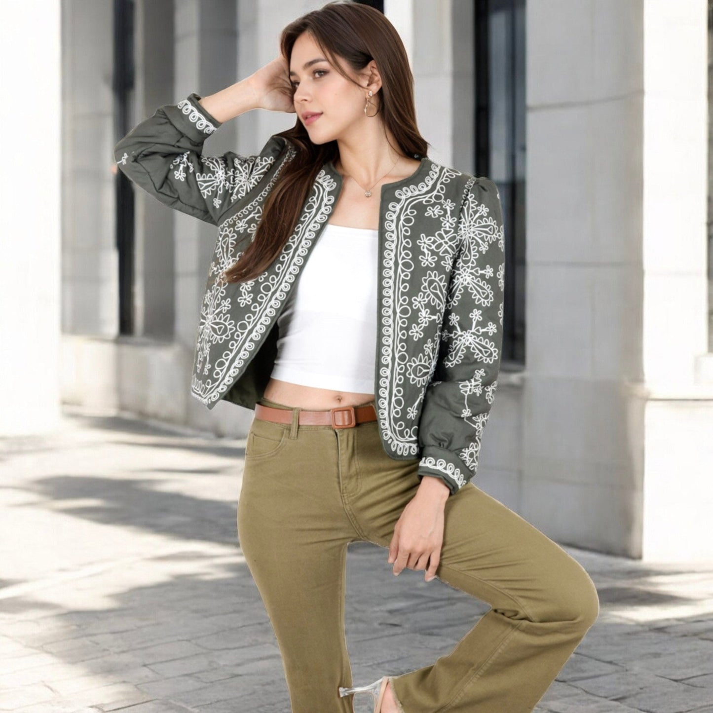 Anna-Kaci Women's Embroidered Open Front Jacket with Puff Sleeves and Floral Detailing
