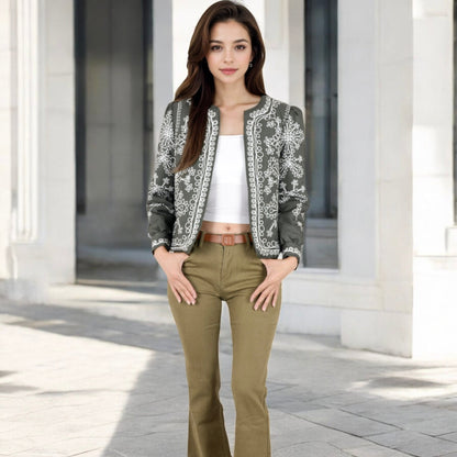 Anna-Kaci Women's Embroidered Open Front Jacket with Puff Sleeves and Floral Detailing