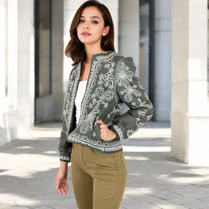 Anna-Kaci Women's Embroidered Open Front Jacket with Puff Sleeves and Floral Detailing