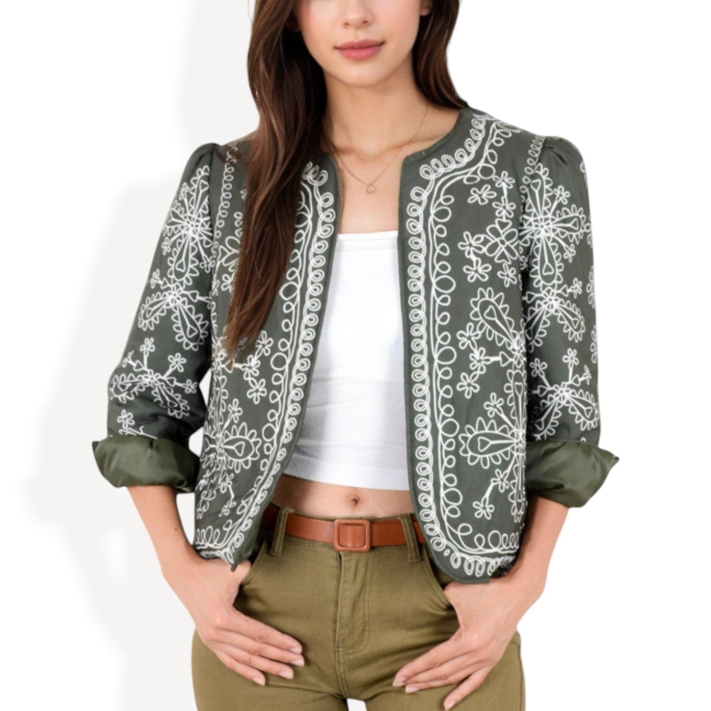 Anna-Kaci Women's Embroidered Open Front Jacket with Puff Sleeves and Floral Detailing