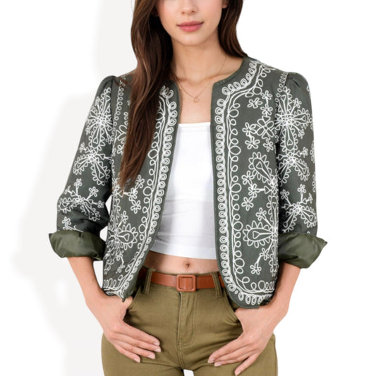 Anna-Kaci Women's Embroidered Open Front Jacket with Puff Sleeves and Floral Detailing