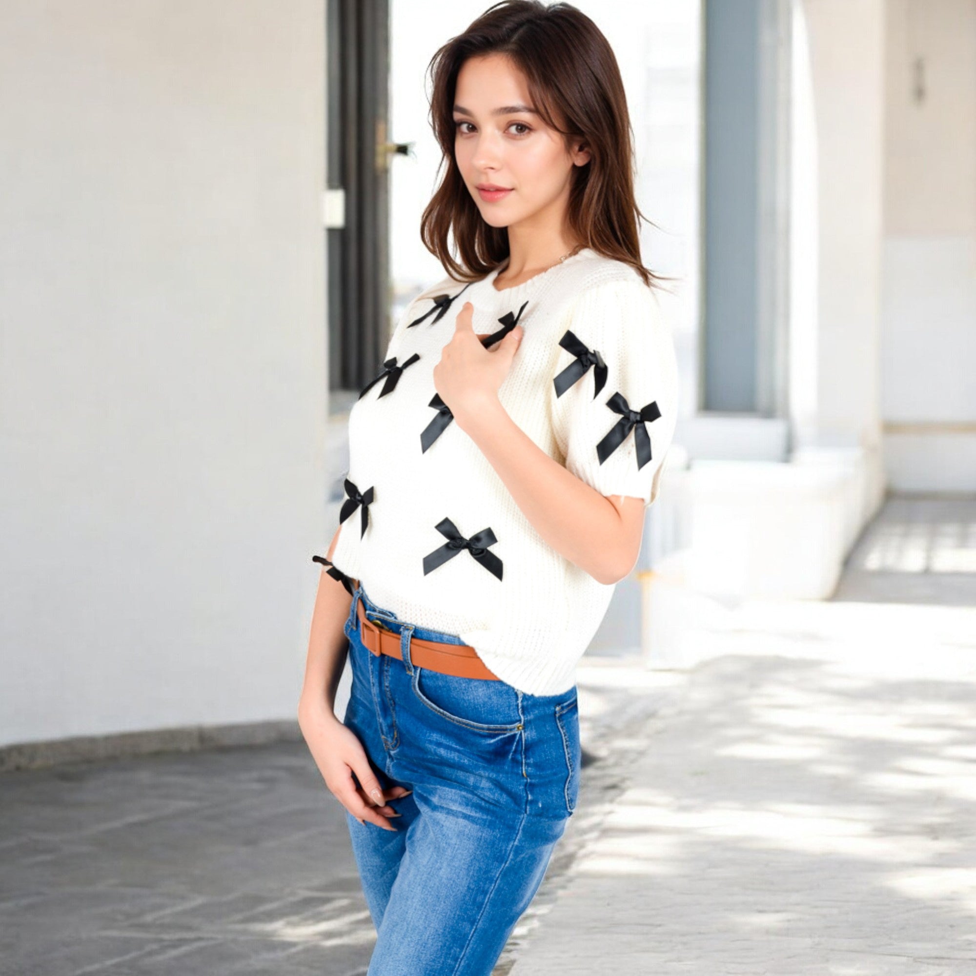 Anna-Kaci Women's Short Sleeve Knit Sweater with Ribbon Bow Accents