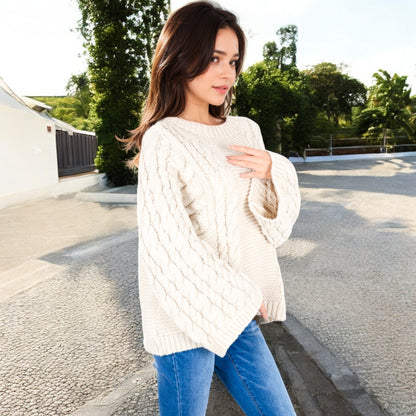 Anna-Kaci Women's Cable Knit Sweater with Long Bell Sleeves