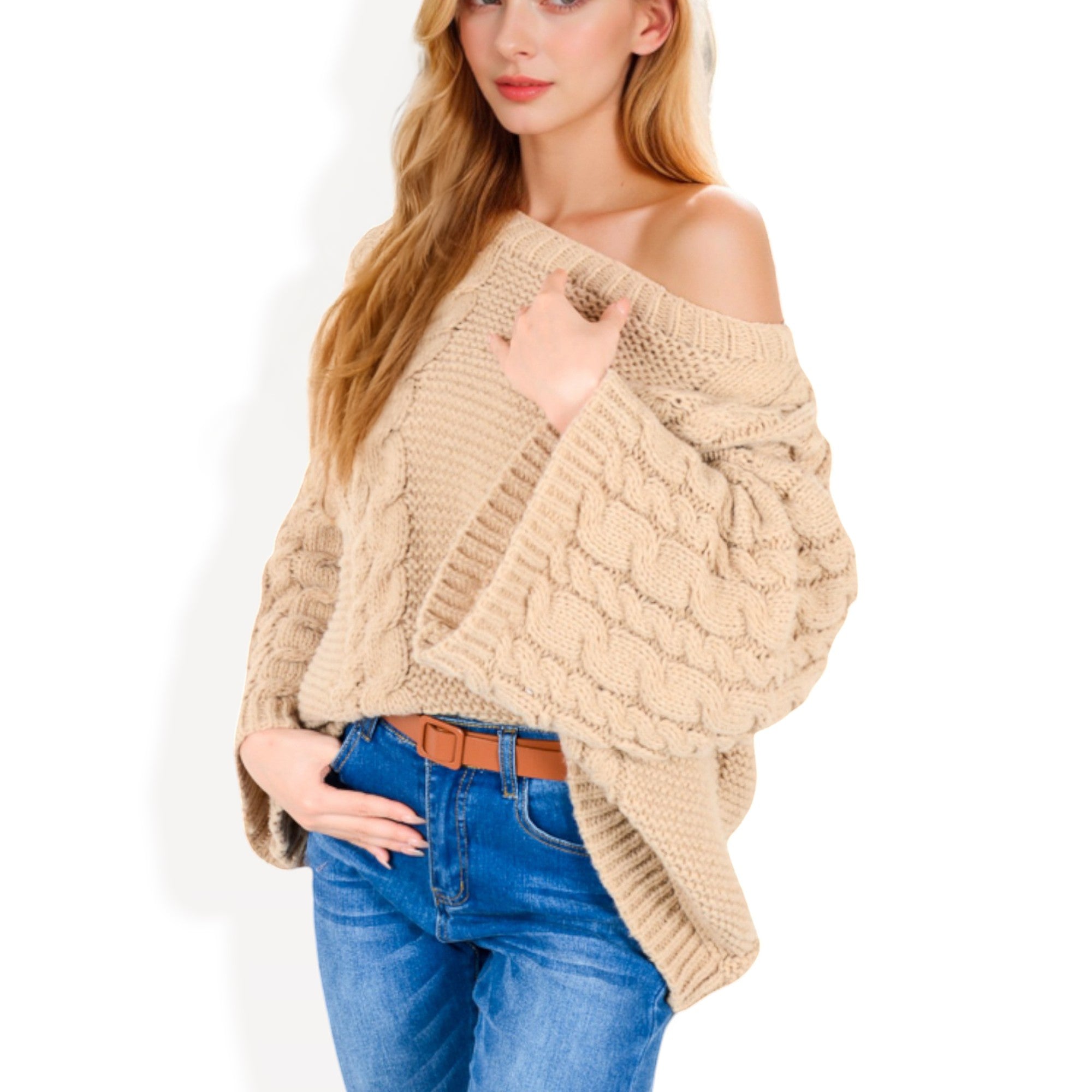 Anna-Kaci Women's Cable Knit Sweater with Long Bell Sleeves