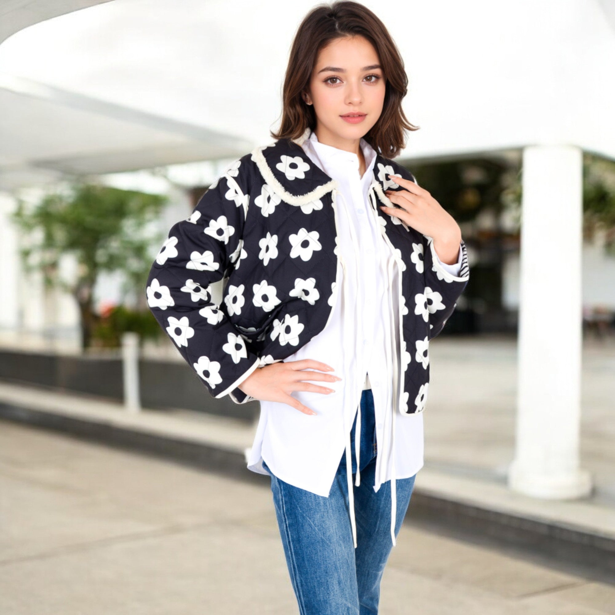 Anna-Kaci Women's Floral Quilted Jacket with Peter Pan Collar and Tie Closure