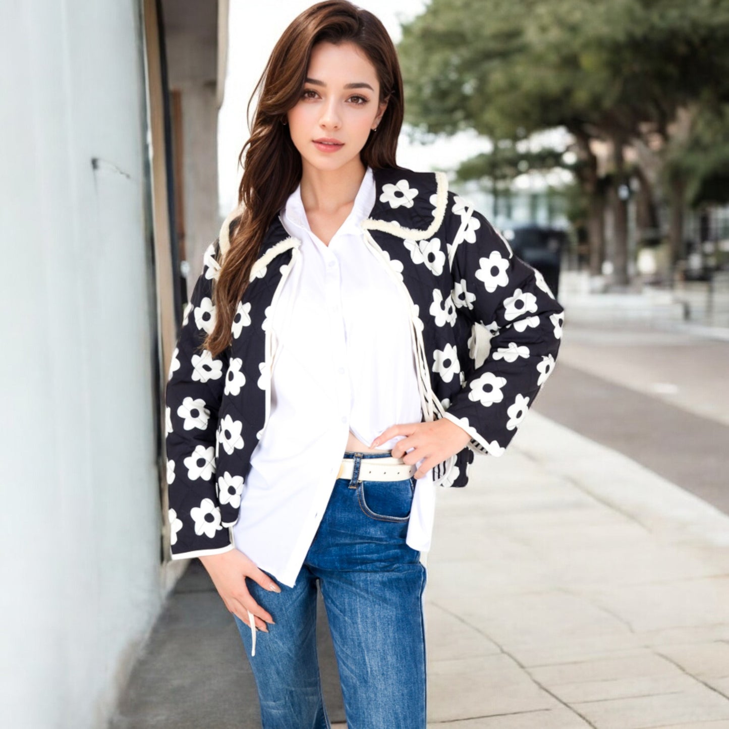 Anna-Kaci Women's Floral Quilted Jacket with Peter Pan Collar and Tie Closure