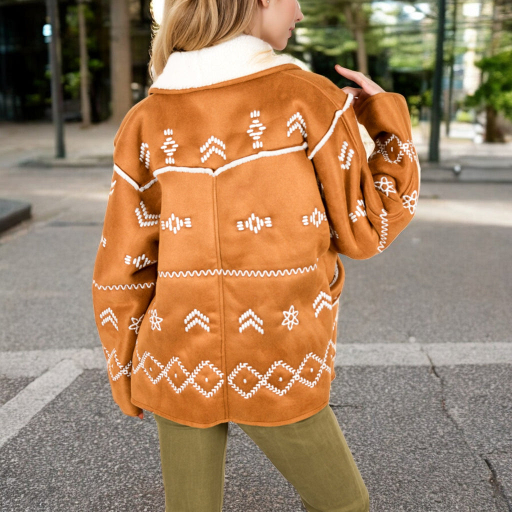 Anna-Kaci Women's Embroidered Faux Shearling Jacket with Shawl Collar