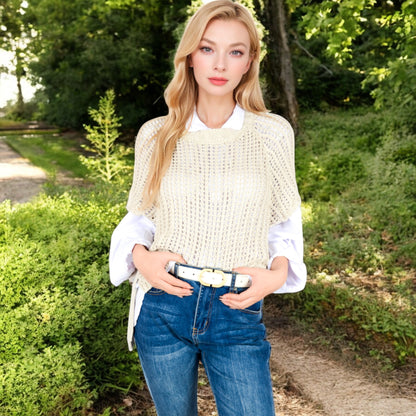 Anna-Kaci Women's Open Knit Pullover Sweater Vest with Cap Sleeves and Ribbed Hem