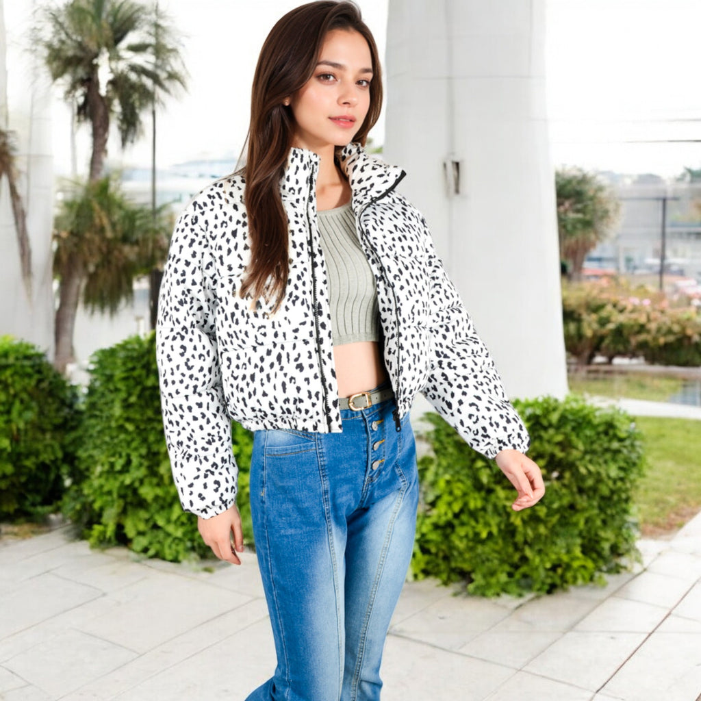 Anna-Kaci Women's Cropped Puffer Jacket with Animal Print and High Collar
