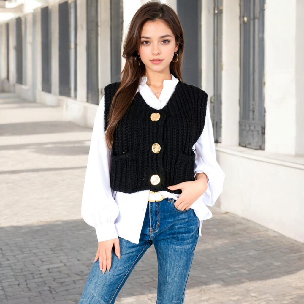Anna-Kaci Women's Chunky Knit Vest with Oversized Buttons and Front Pockets