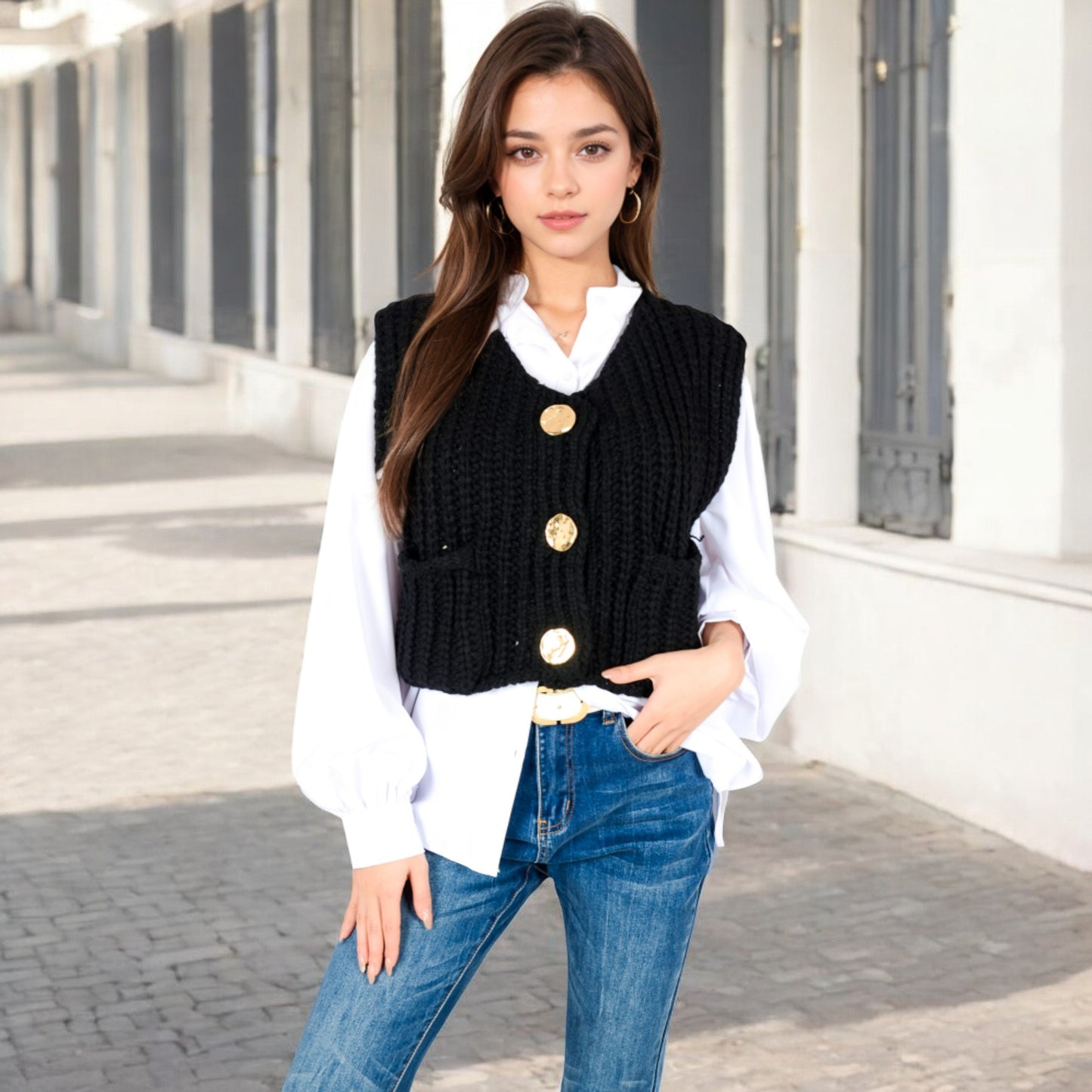 Anna-Kaci Women's Chunky Knit Vest with Oversized Buttons and Front Pockets