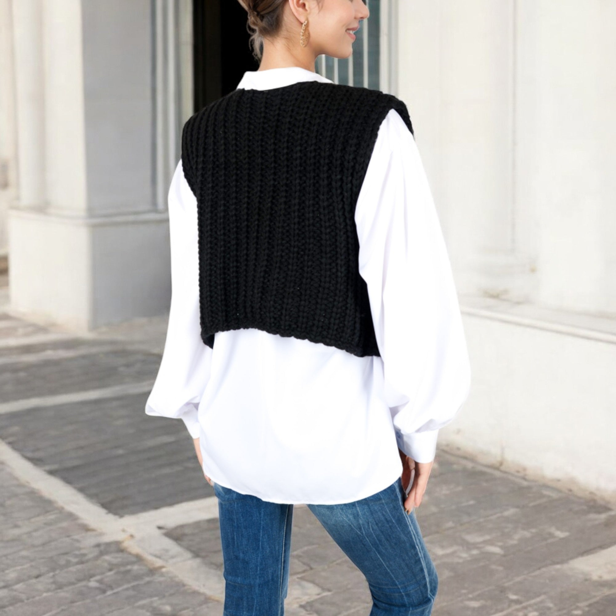 Anna-Kaci Women's Chunky Knit Vest with Oversized Buttons and Front Pockets