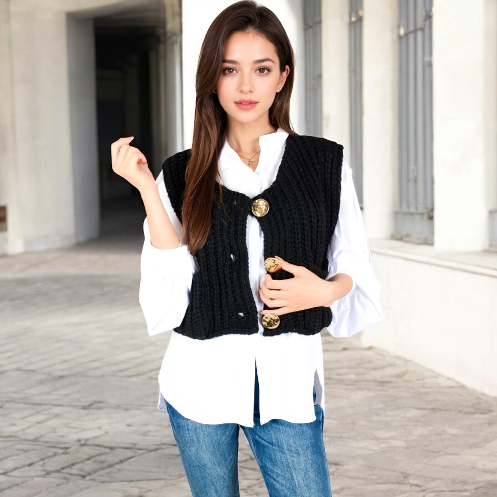 Anna-Kaci Women's Chunky Knit Vest with Oversized Buttons and Front Pockets