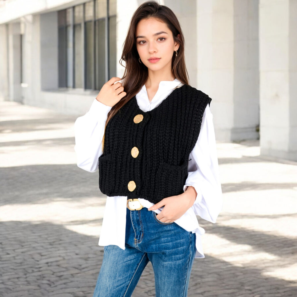 Anna-Kaci Women's Chunky Knit Vest with Oversized Buttons and Front Pockets