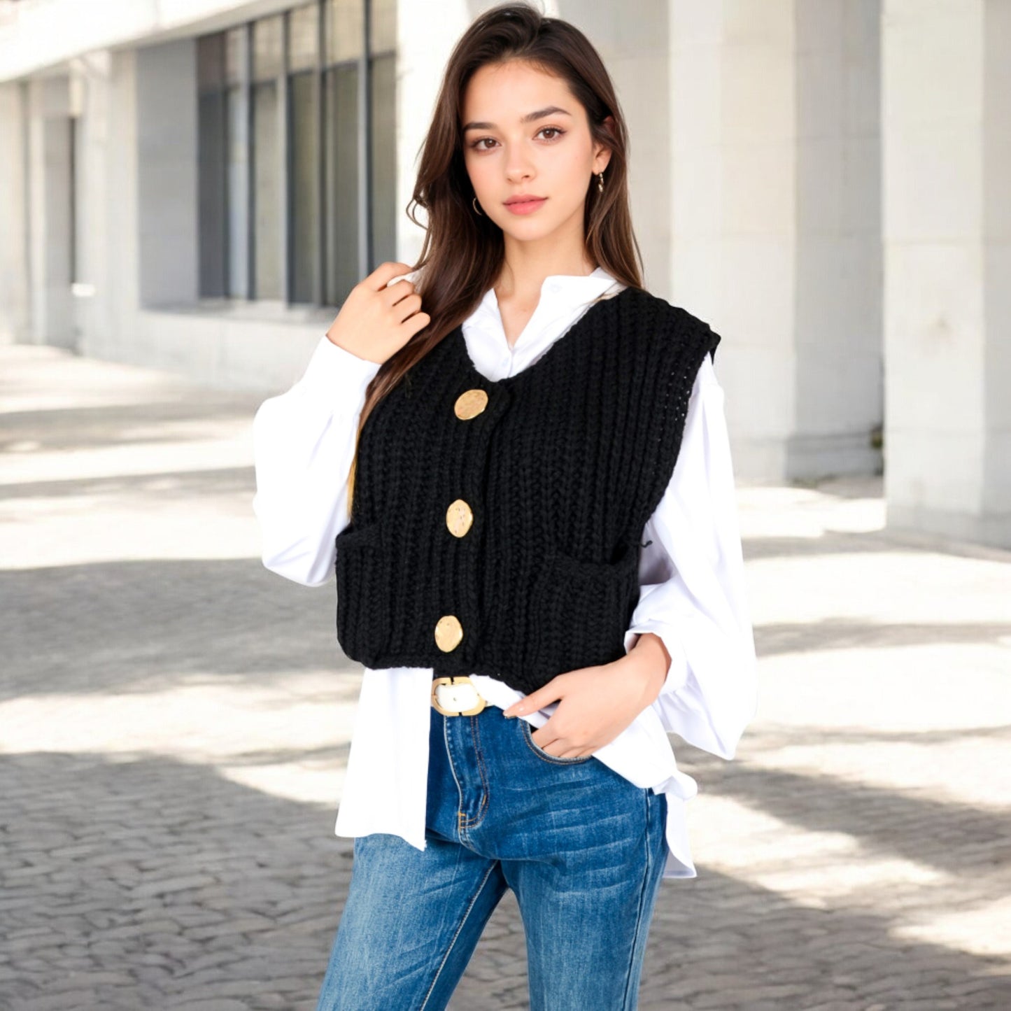 Anna-Kaci Women's Chunky Knit Vest with Oversized Buttons and Front Pockets