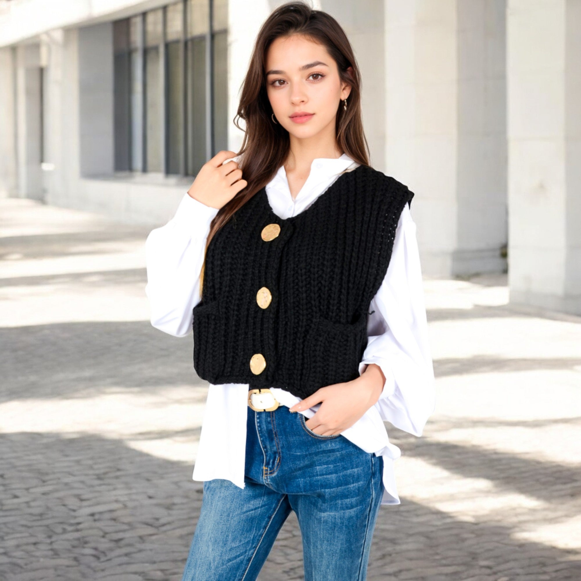 Anna-Kaci Women's Chunky Knit Vest with Oversized Buttons and Front Pockets