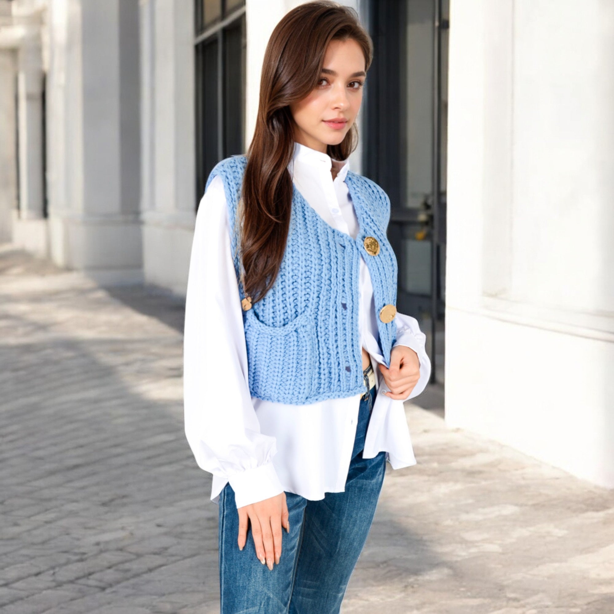 Anna-Kaci Women's Chunky Knit Vest with Oversized Buttons and Front Pockets
