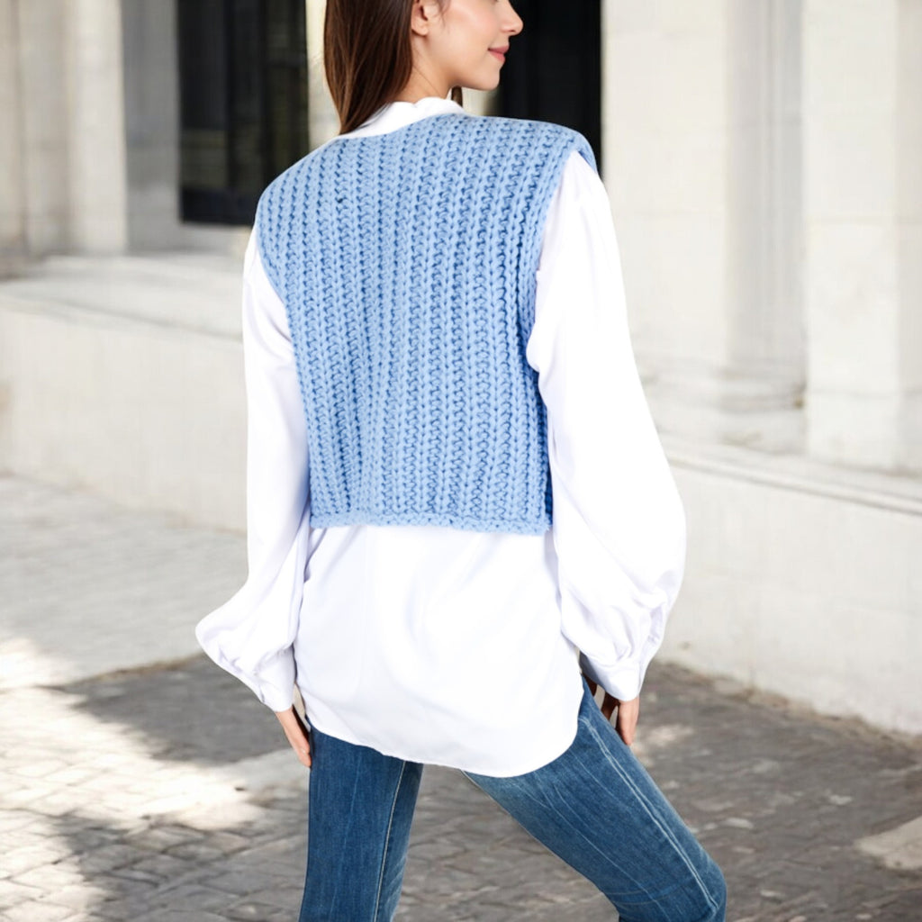 Anna-Kaci Women's Chunky Knit Vest with Oversized Buttons and Front Pockets