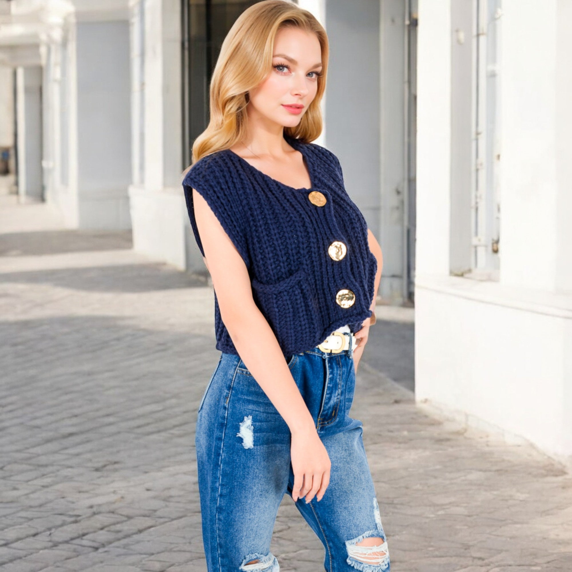 Anna-Kaci Women's Chunky Knit Vest with Oversized Buttons and Front Pockets