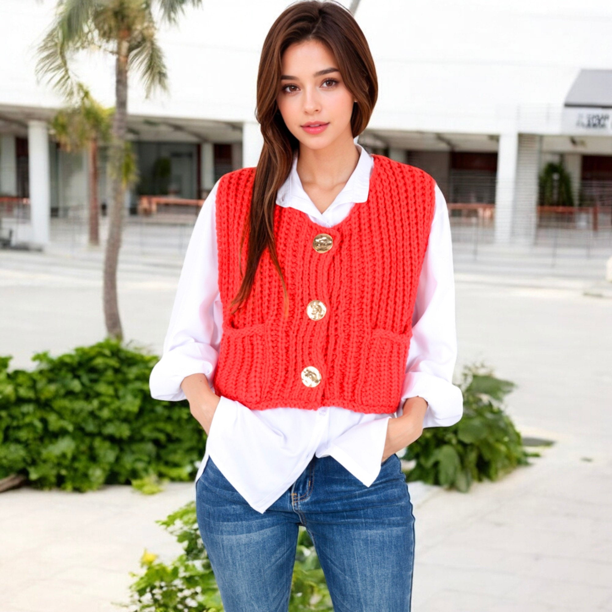 Anna-Kaci Women's Chunky Knit Vest with Oversized Buttons and Front Pockets