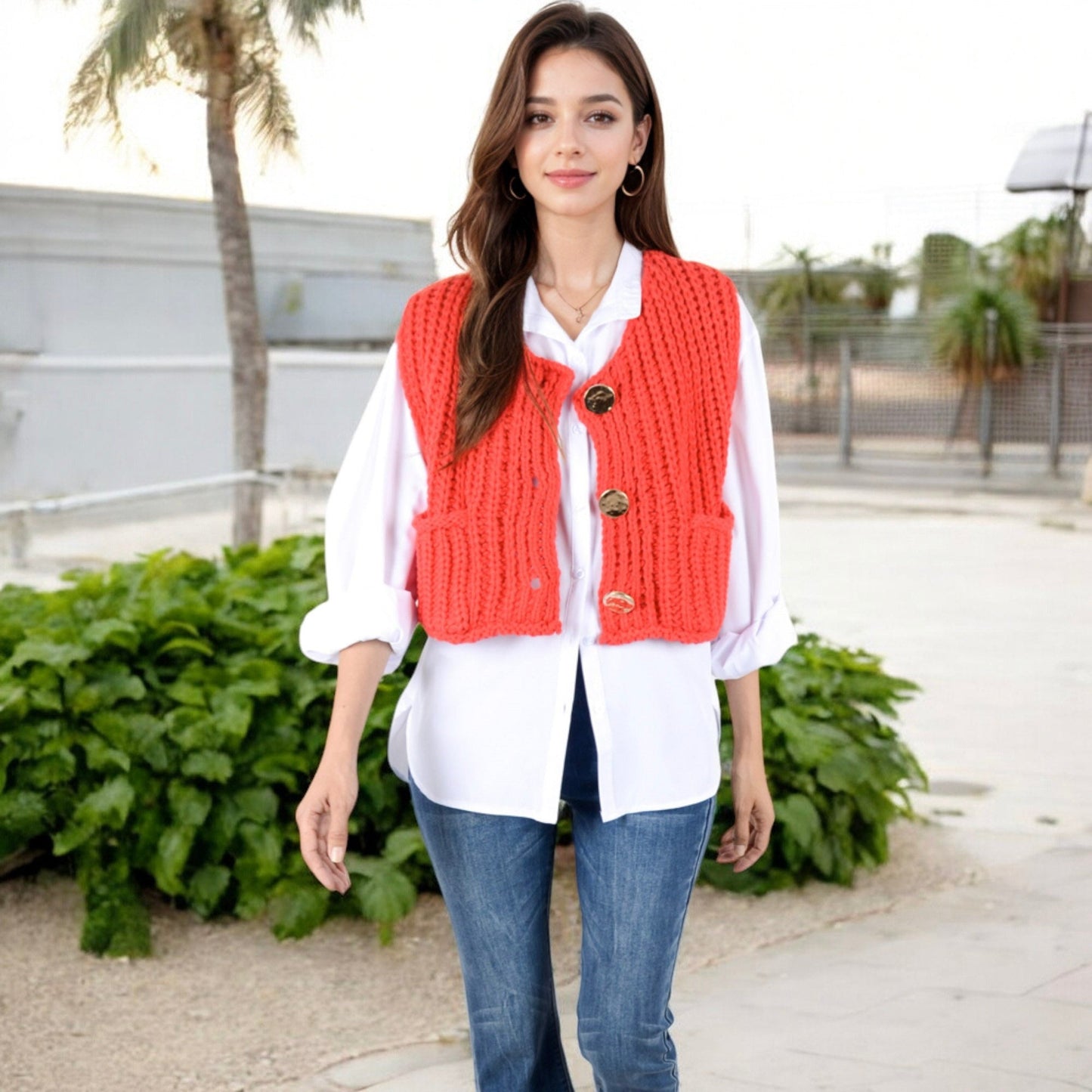 Anna-Kaci Women's Chunky Knit Vest with Oversized Buttons and Front Pockets