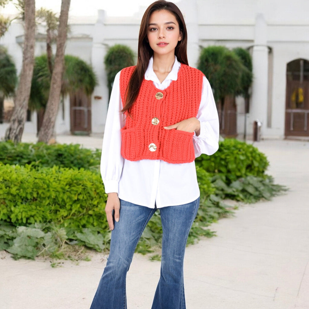 Anna-Kaci Women's Chunky Knit Vest with Oversized Buttons and Front Pockets
