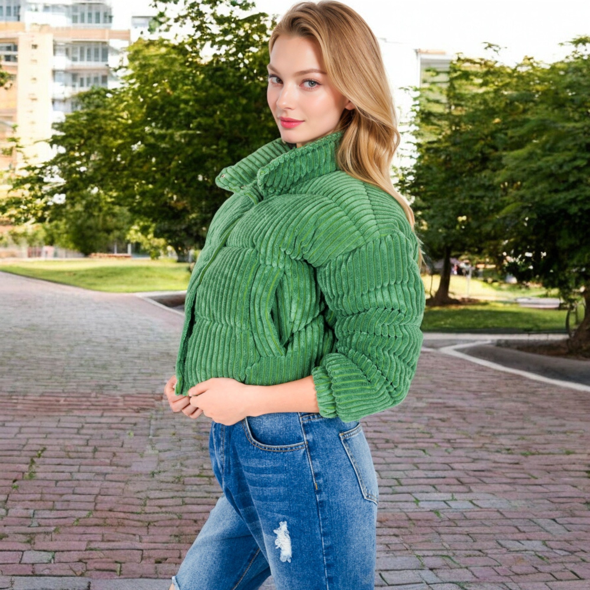 Anna-Kaci Women's Corduroy Cropped Jacket with Snap Buttons and High Collar