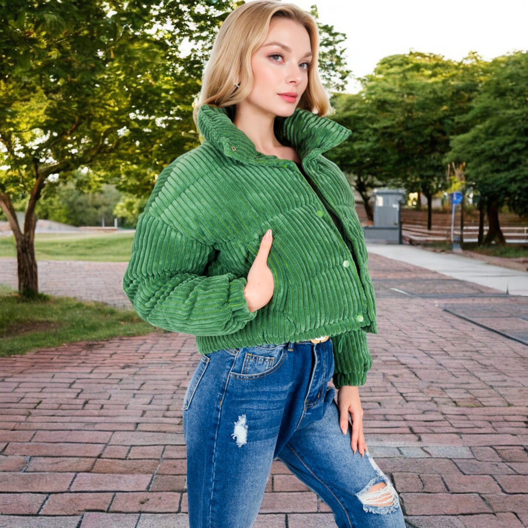 Anna-Kaci Women's Corduroy Cropped Jacket with Snap Buttons and High Collar