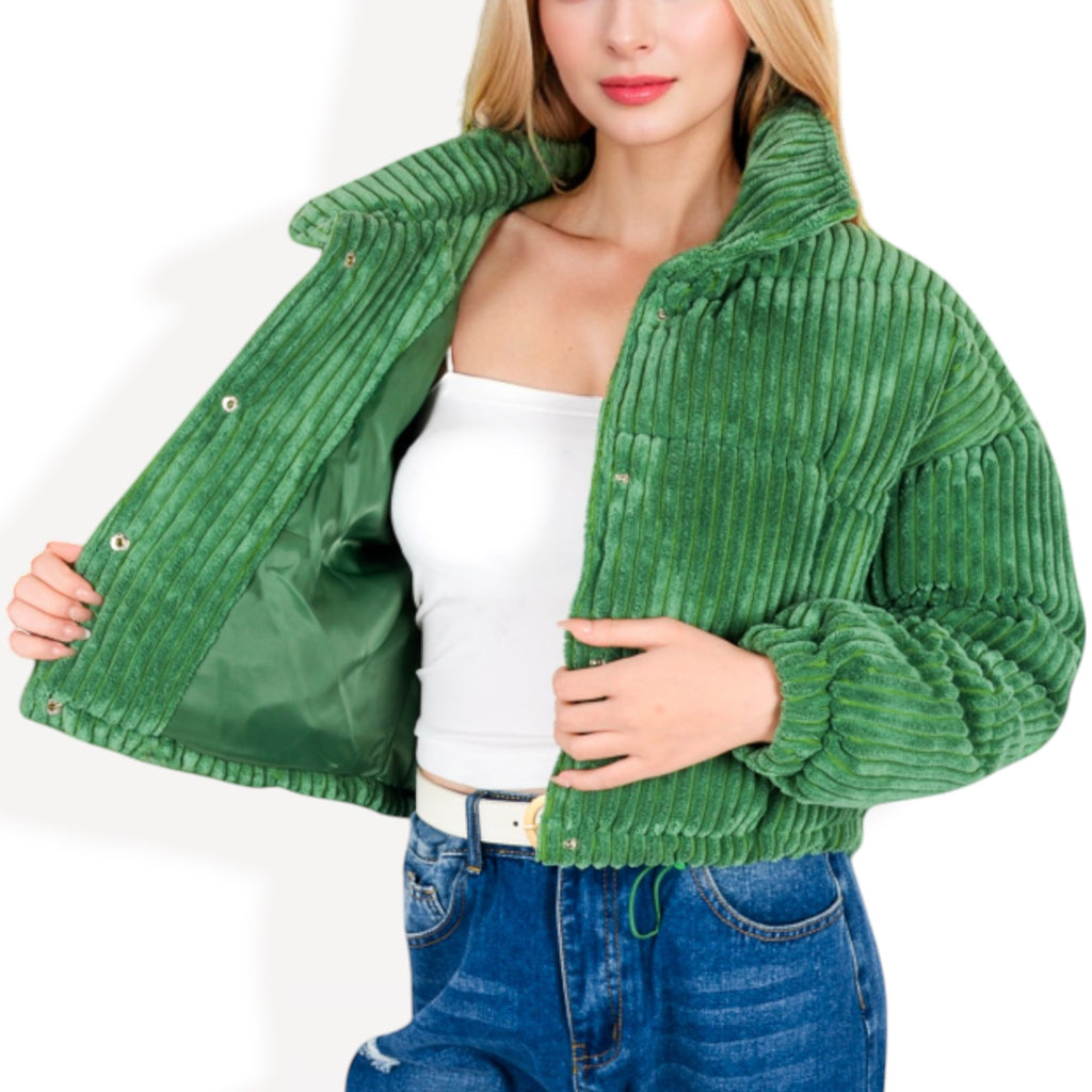 Anna-Kaci Women's Corduroy Cropped Jacket with Snap Buttons and High Collar