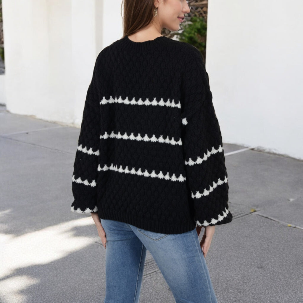 Anna-Kaci Women's Oversized Cable Knit Sweater with Contrast Stripes