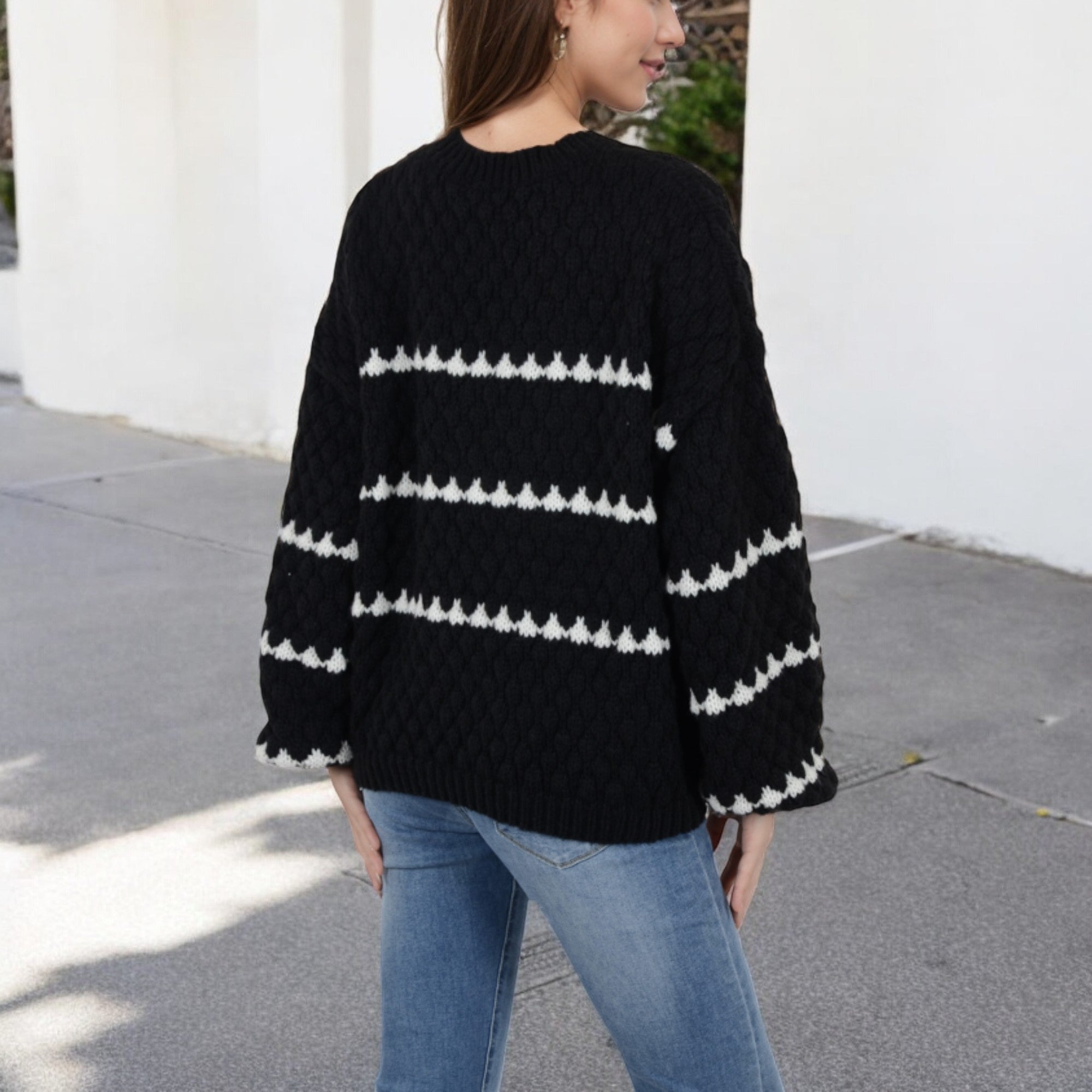 Anna-Kaci Women's Oversized Cable Knit Sweater with Contrast Stripes