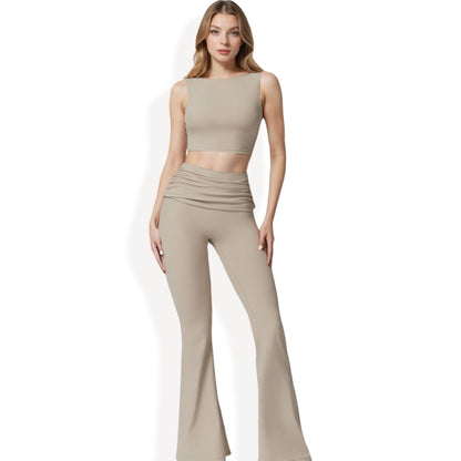 Anna-Kaci Women's Flared High Waist Pants and Cropped Tank Top Activewear Set