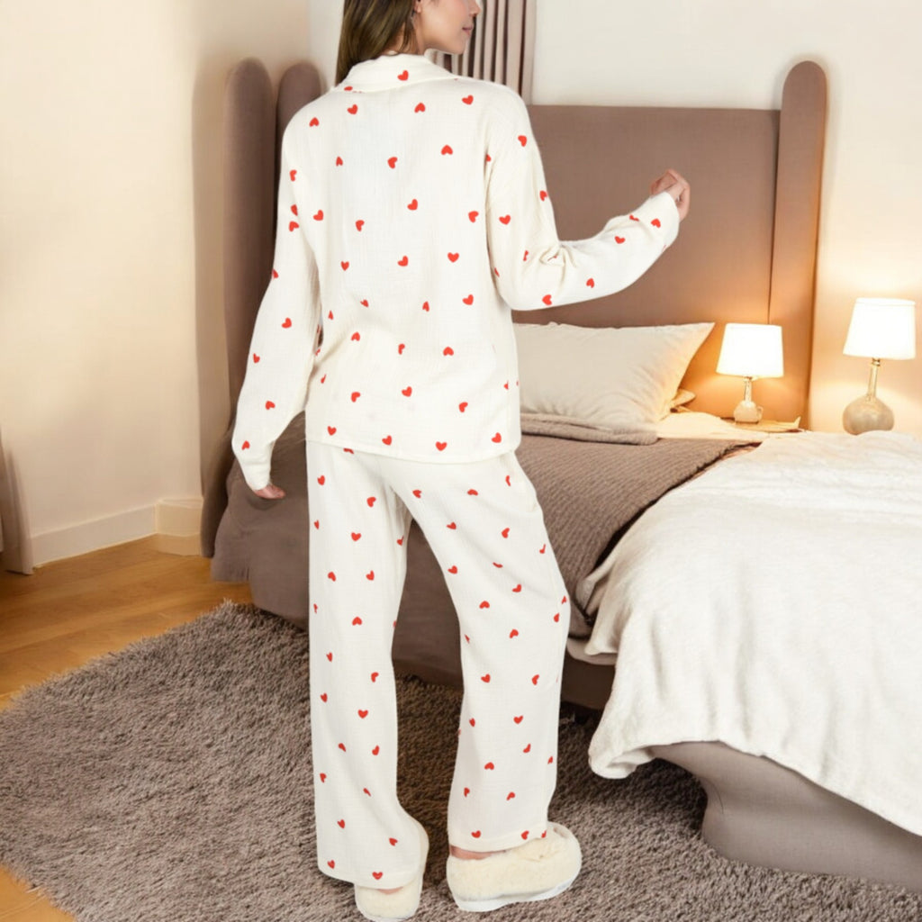 Anna-Kaci Women's Heart Print 2-Piece Pajama Set with Long Sleeve Button-Up Top and Relaxed Fit Pants